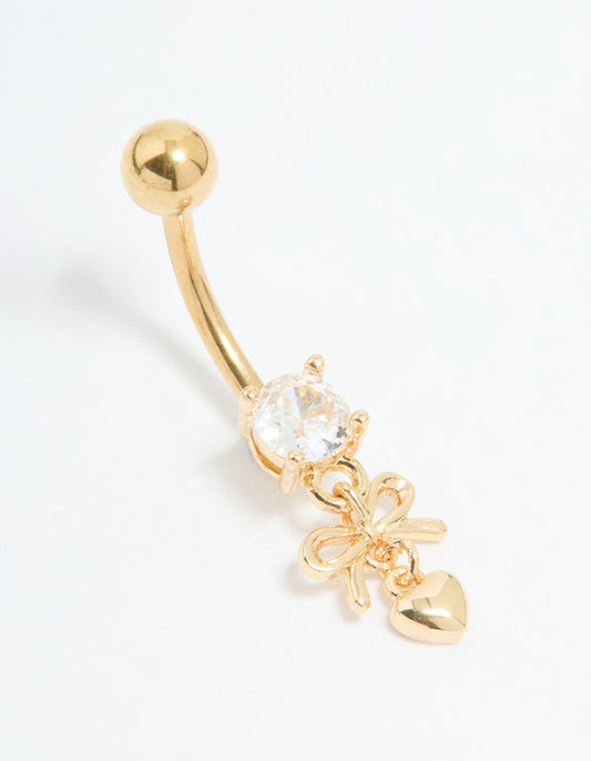 Gold Plated Surgical Steel Fine Heart & Bow Belly Bar