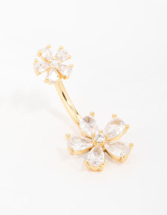 Gold Plated Surgical Steel Cubic Zirconia Double Daisy Belly Bar