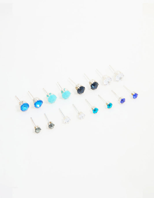 Silver Blue Diamante Stud Earrings 8-Pack