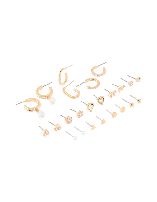 Gold Bow Flower Hoop & Stud Earrings 12-Pack