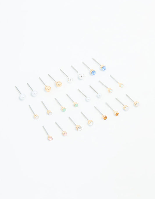 Gold Mixed Basic Small Stud Earrings 8-Pack