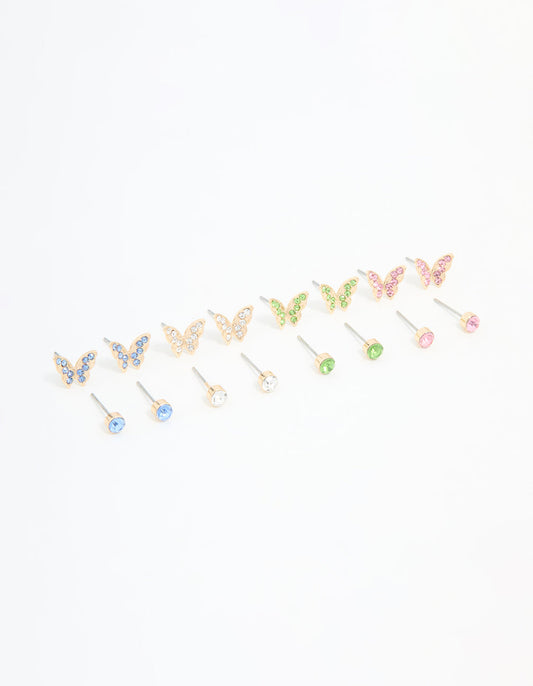 Gold Multicoloured Diamante Butterfly Stud Earrings 8-Pack