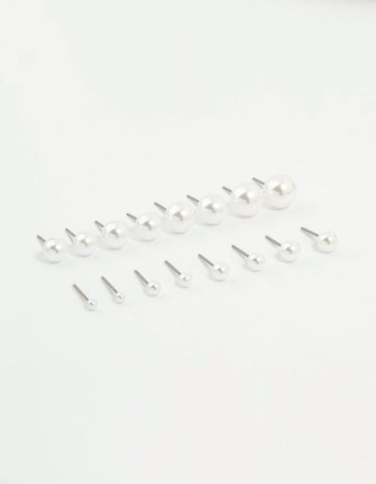 Silver Pearl Stud Earrings 8-Pack