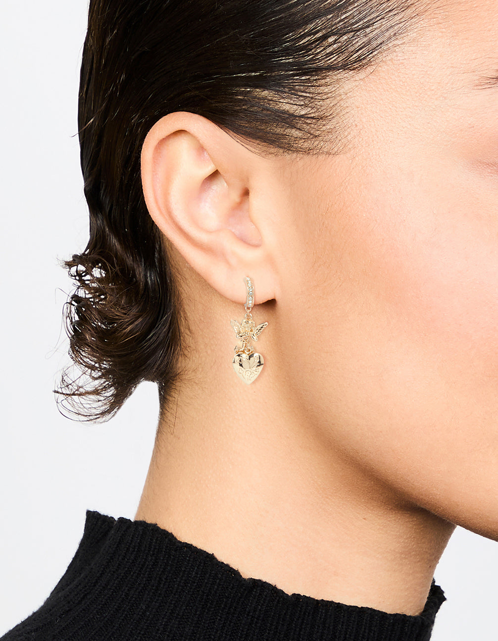 Gold Cherub Heart Cross Huggie Earrings