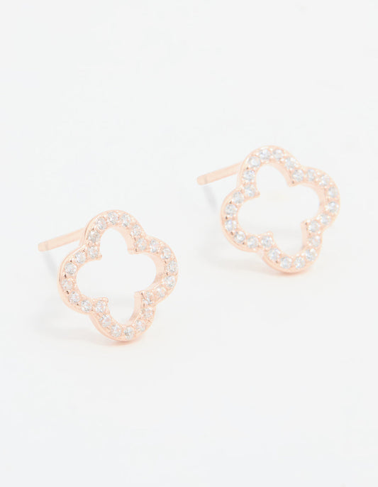 Rose Gold Plated Sterling Silver Cubic Zirconia Flower Stud Earrings