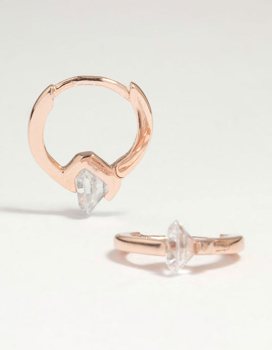 Rose Gold Plated Sterling Silver Round Cubic Zirconia Charm Huggie Earrings