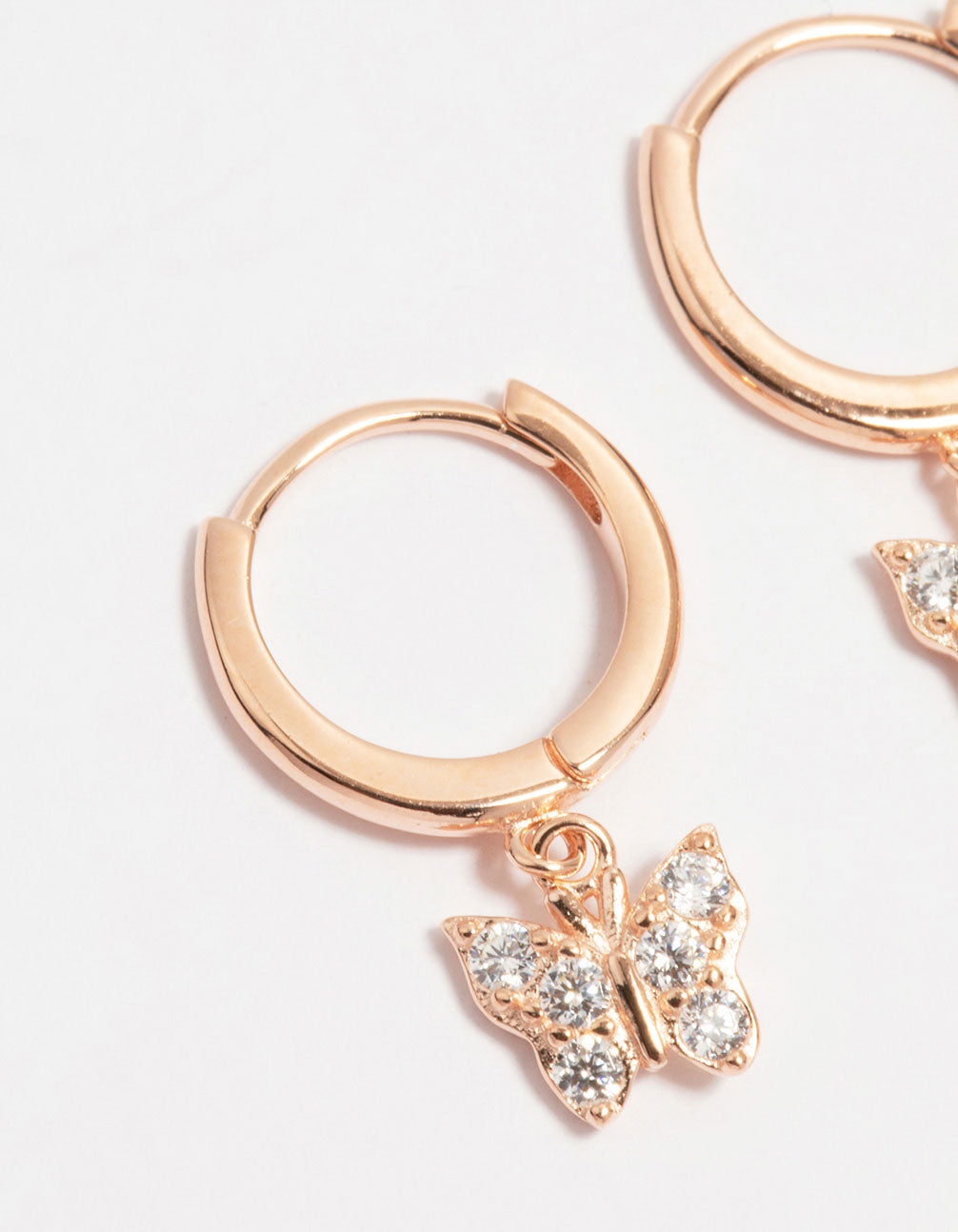 Rose Gold Plated Sterling Cubic Zirconia Butterfly Huggie Earrings