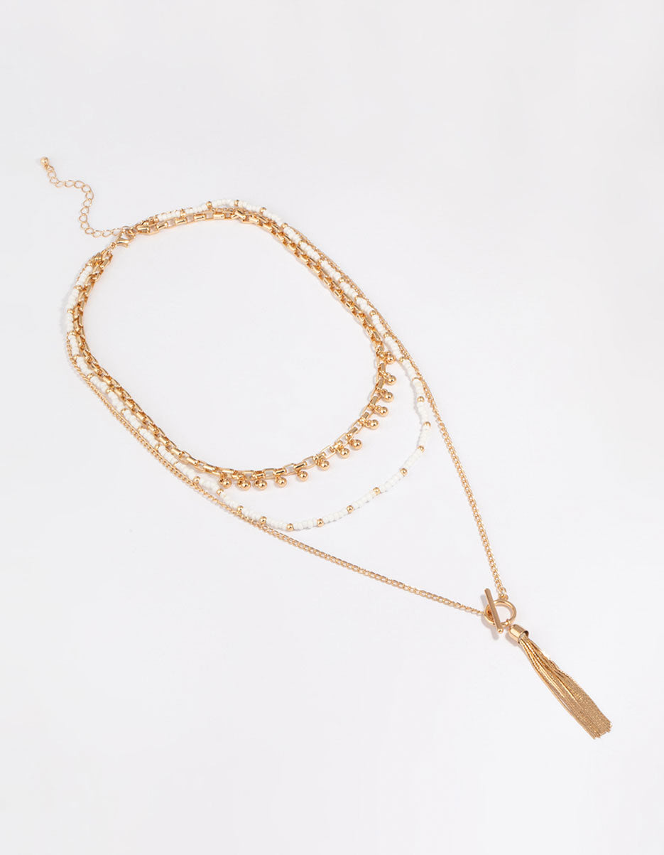 Gold Bead & Tassel Layered Necklace