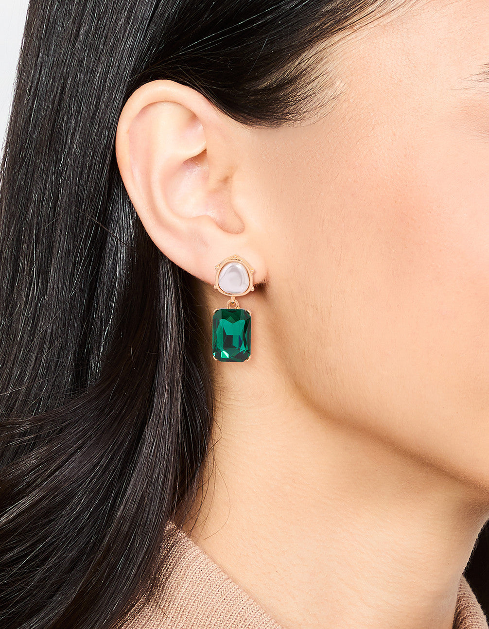 Gold Pearl & Green Stone Drop Earrings