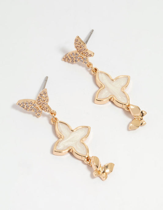 Gold Butterfly Flower Drop Earrings