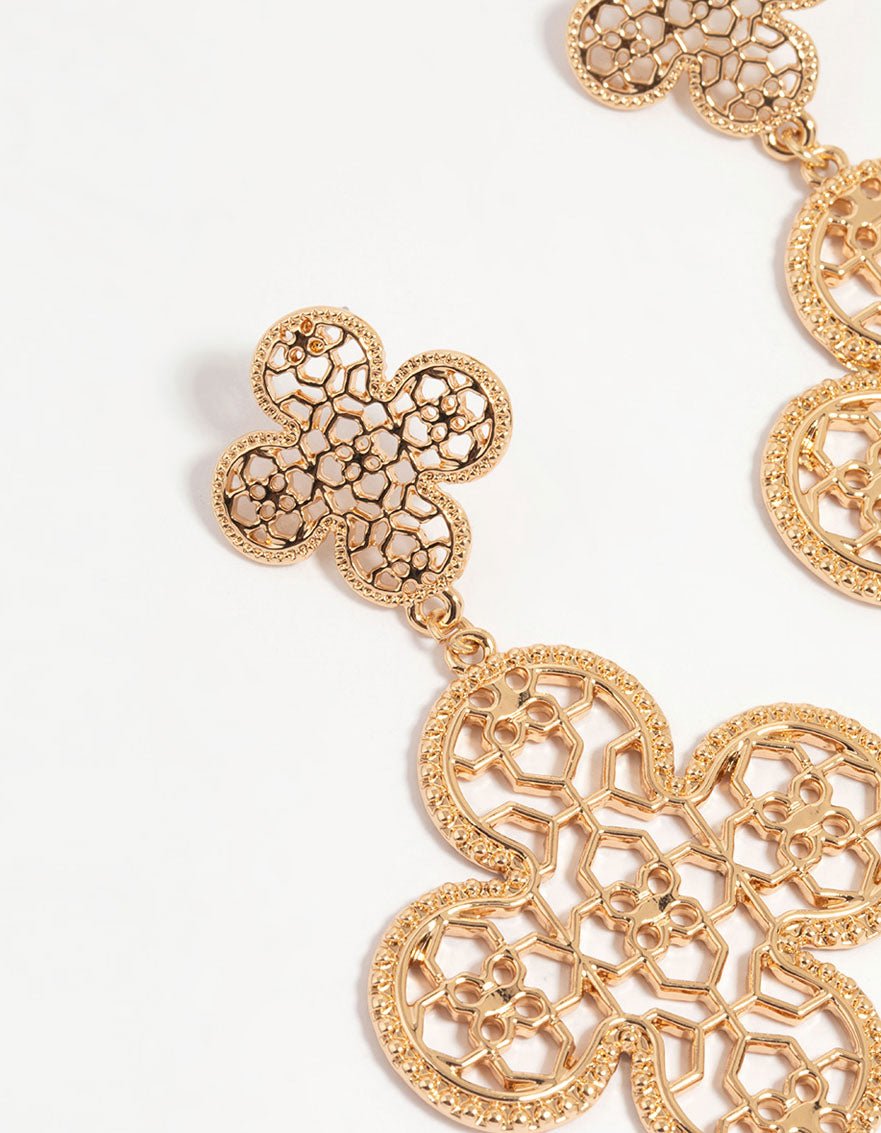 Gold Filigree Flower Drop Earrings