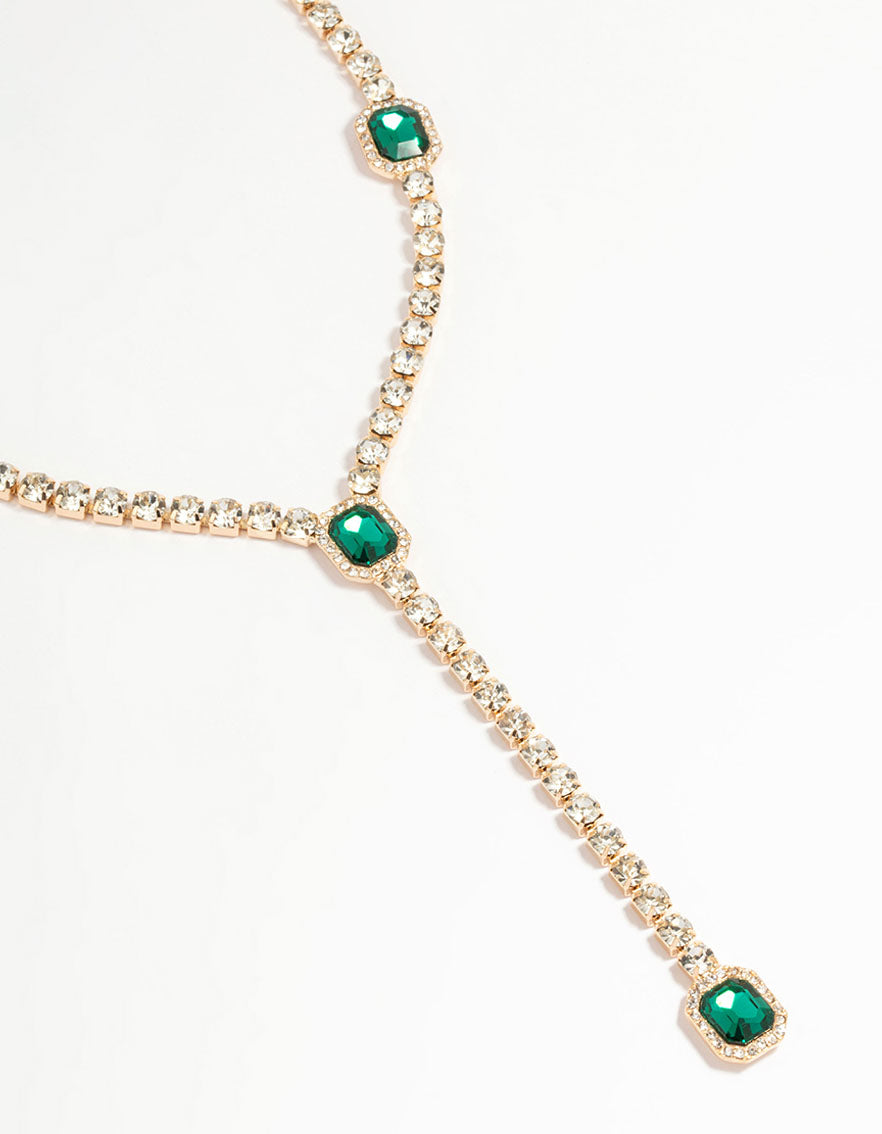 Gold Green Diamante Cupchain Y-Necklace