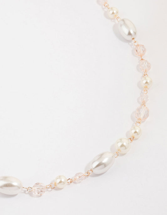 Rose Gold Pearl Beaded Long Necklace
