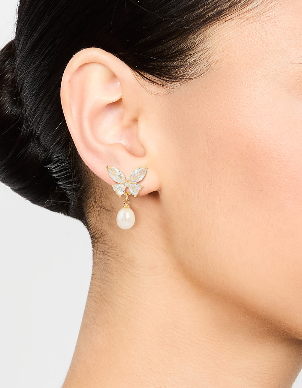 Gold Plated Cubic Zirconia Butterfly Pearl Drop Earrings