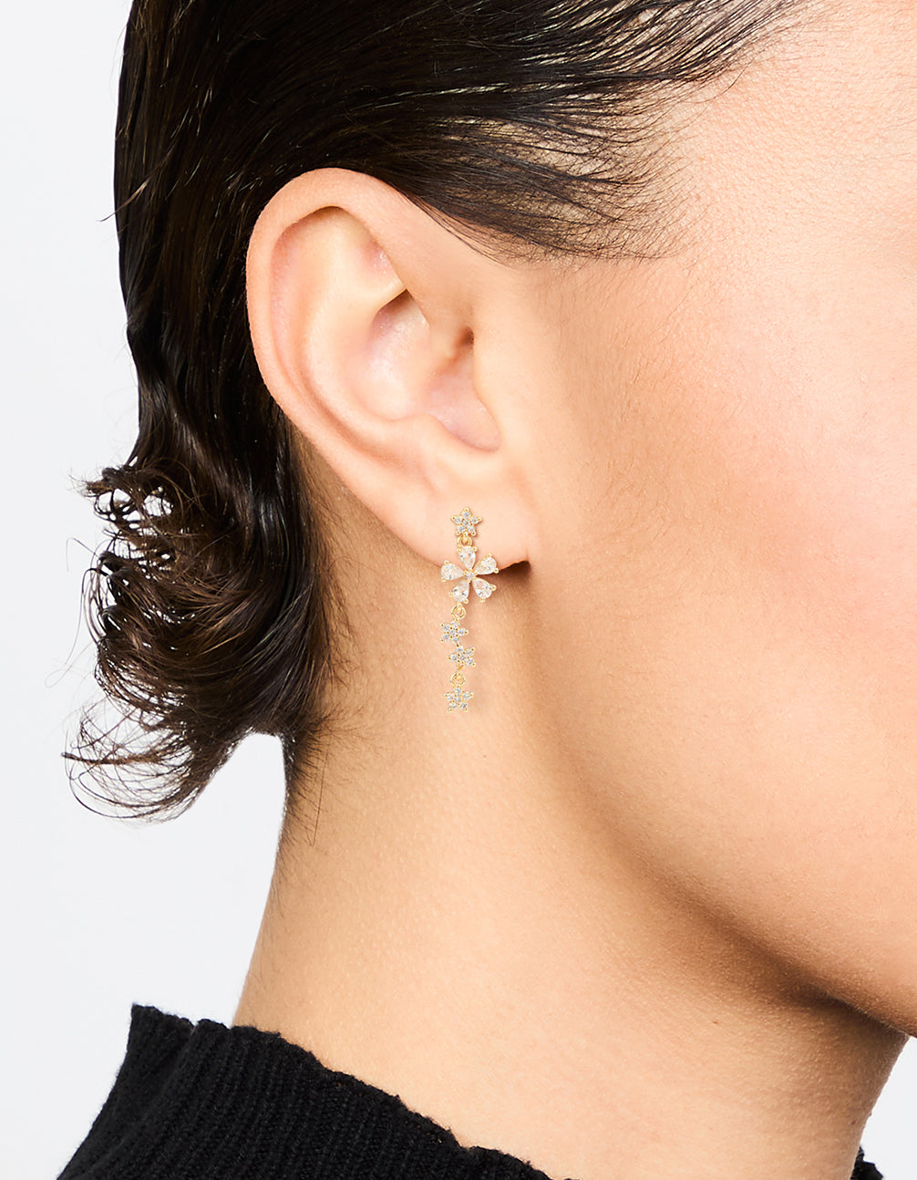 Gold Plated Cubic Zirconia Flower Drop Earrings