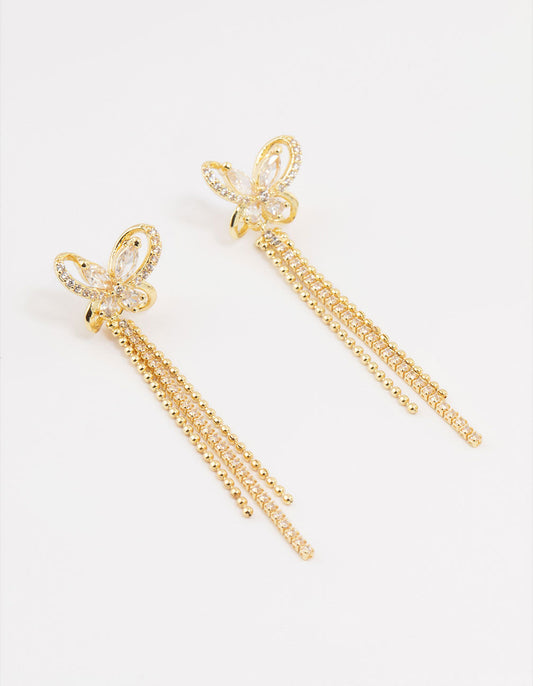 Gold Plated Cubic Zirconia Butterfly Drop Earrings