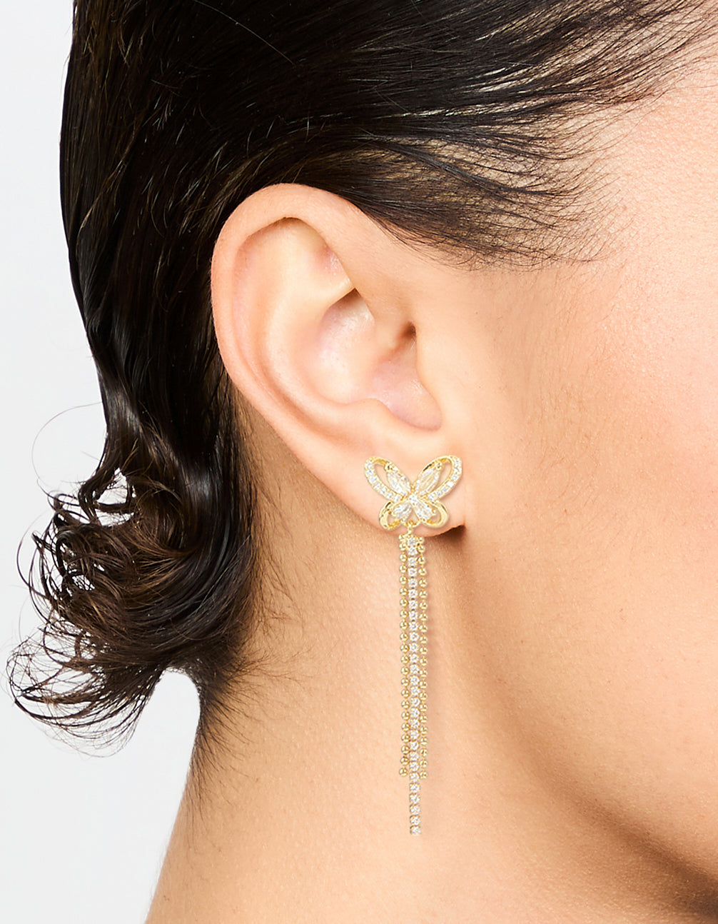 Gold Plated Cubic Zirconia Butterfly Drop Earrings
