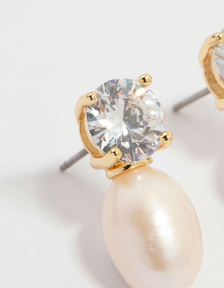 Gold Plated Diamante Freshwater Pearl Drop Earrings