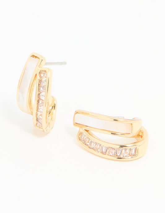 Gold Plated Cubic Zirconia & Mother Of Pearl Jacket Earrings