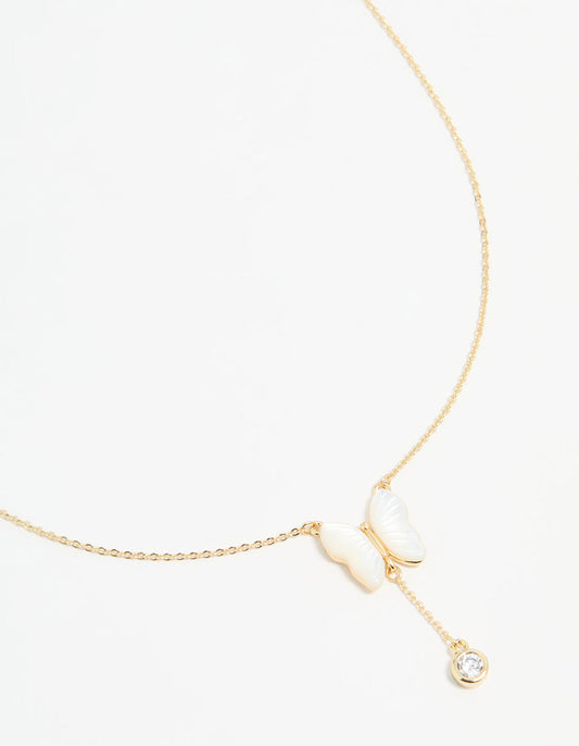 Gold Plated Mother Of Pearl & Cubic Zirconia Butterfly Y-Necklace
