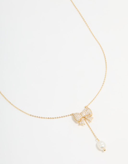 Gold Plated Pearl & Cubic Zirconia Chunky Bow Y-Necklace