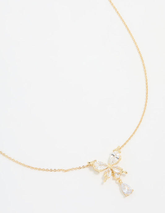 Gold Plated Cubic Zirconia Butterfly Teardrop Necklace