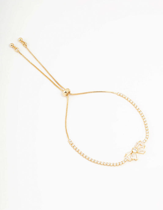 Gold Plated Cubic Zirconia Baguette Bow Toggle Bracelet
