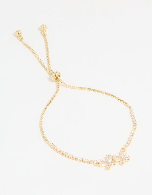 Gold Plated Cubic Zirconia Double Butterfly Toggle Bracelet