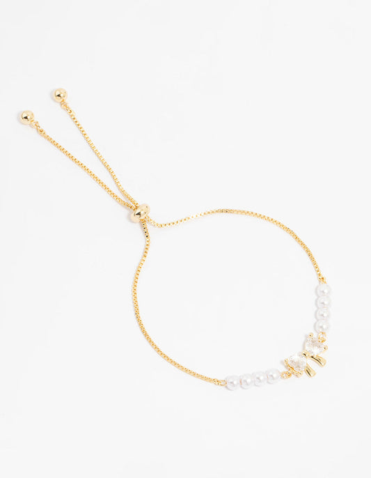 Gold Plated Cubic Zirconia Bow & Pearl Toggle Bracelet