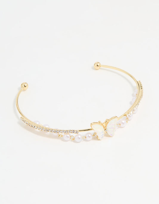 Gold Plated Mother Of Pearl Butterfly & Pearl Wrist Cuff