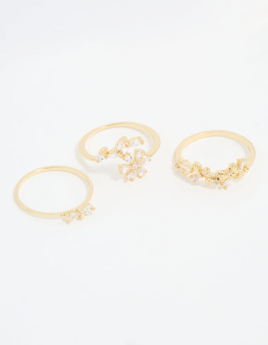 Gold Plated Pearl Flower & Bow Rings 3-Pack