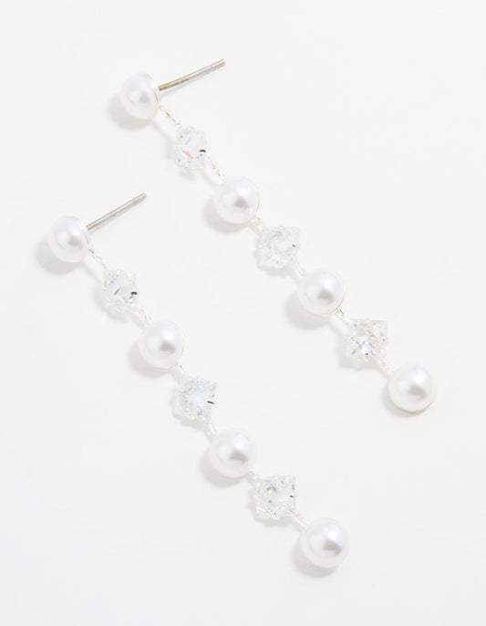 Silver Plated Cubic Zirconia & Pearl Drop Earrings