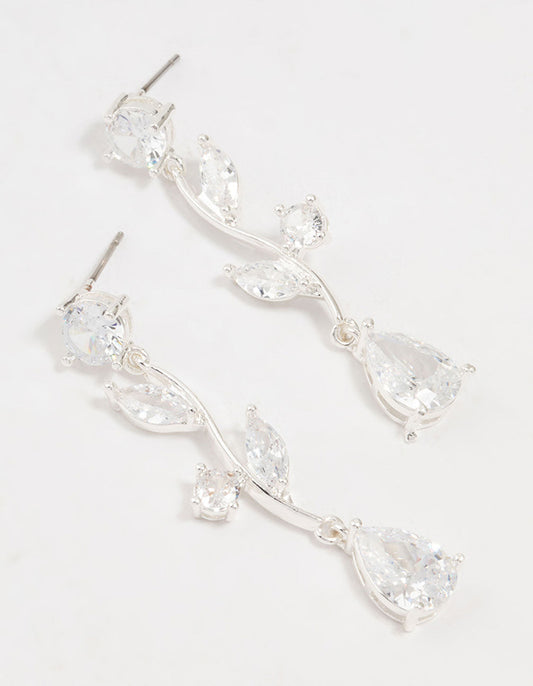 Silver Plated Cubic Zirconia Large Vine Teardrop Earrings