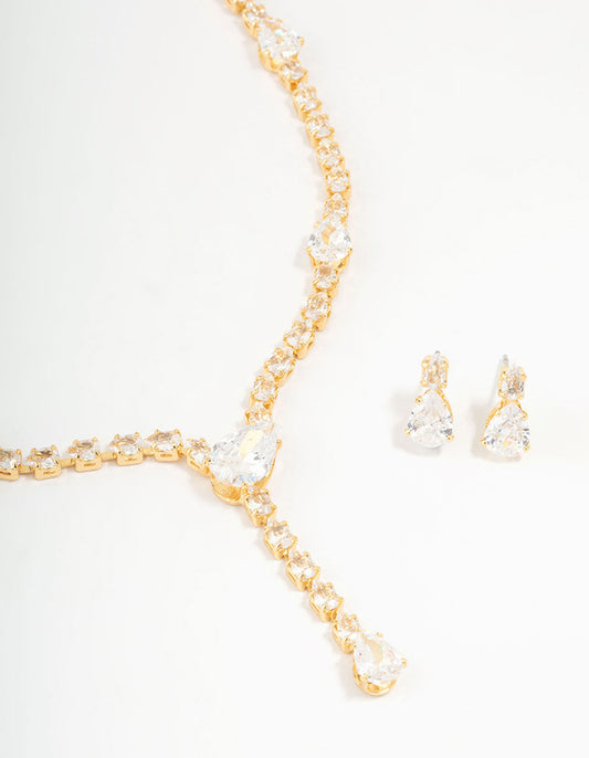 Gold Plated Cubic Zirconia Teardrop Necklace & Earrings Set