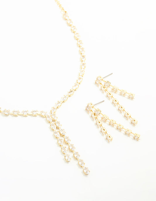 Gold Plated Double Drop Necklace & Earrings Set