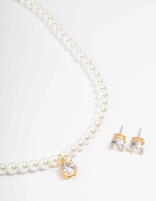 Gold Plated Pearl & Cubic Zirconia Necklace & Earring Set