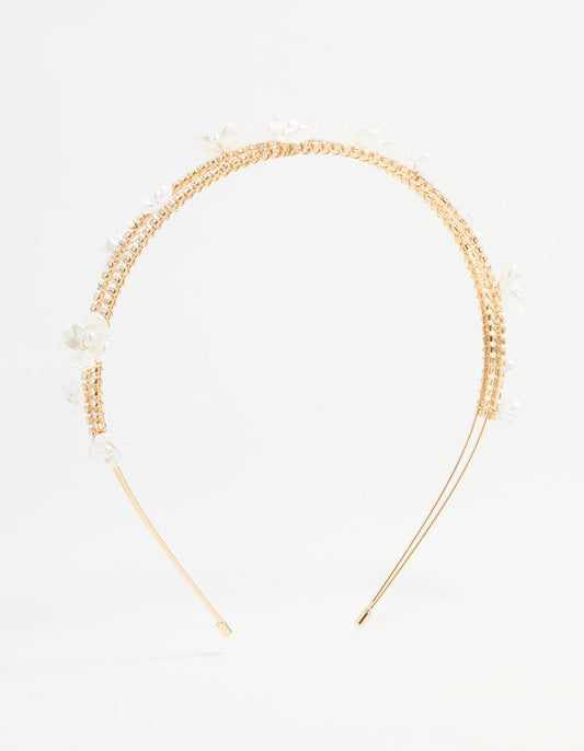 Gold Plated Pearl Layered Flower Headband