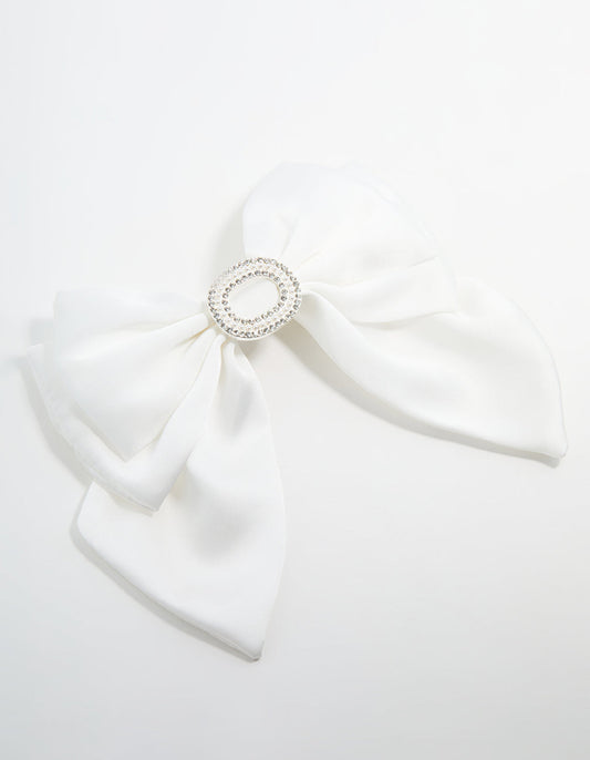 Silver Plated Diamante White Fabric Bow Clip