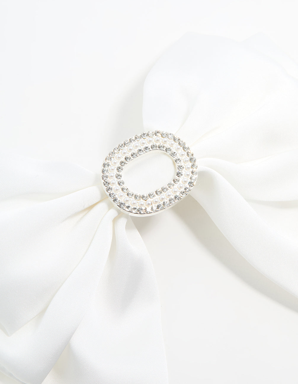 Silver Plated Diamante White Fabric Bow Clip