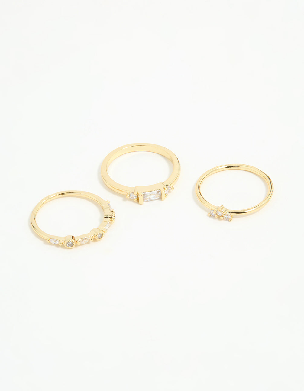 Gold Plated Baguette & Mini Round Rings 3-Pack