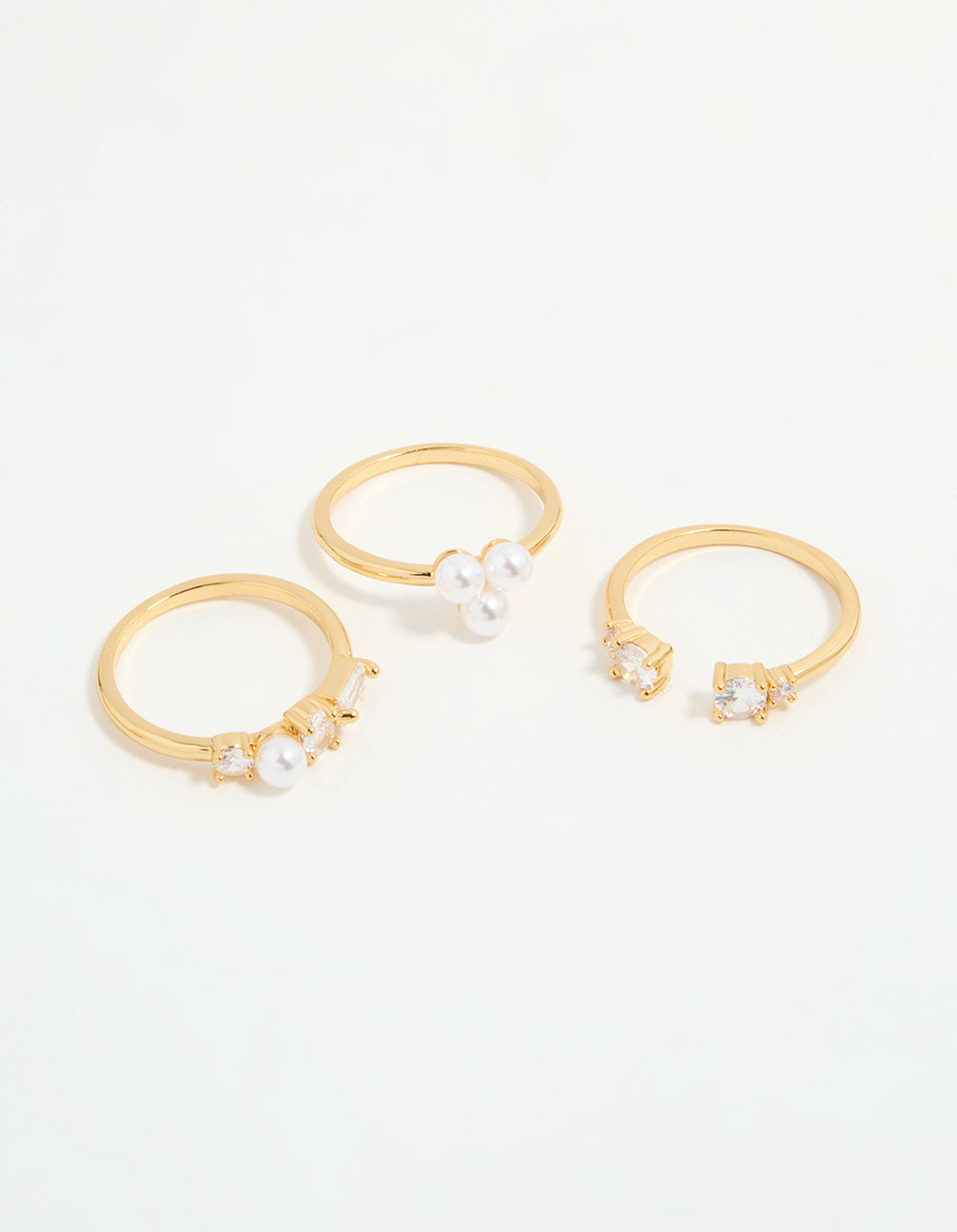 Gold Plated Cubic Zirconia & Pearl Rings 3-Pack