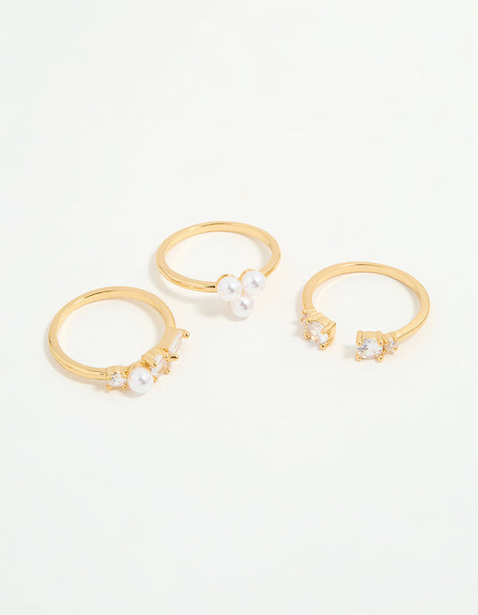 Gold Plated Cubic Zirconia & Pearl Rings 3-Pack
