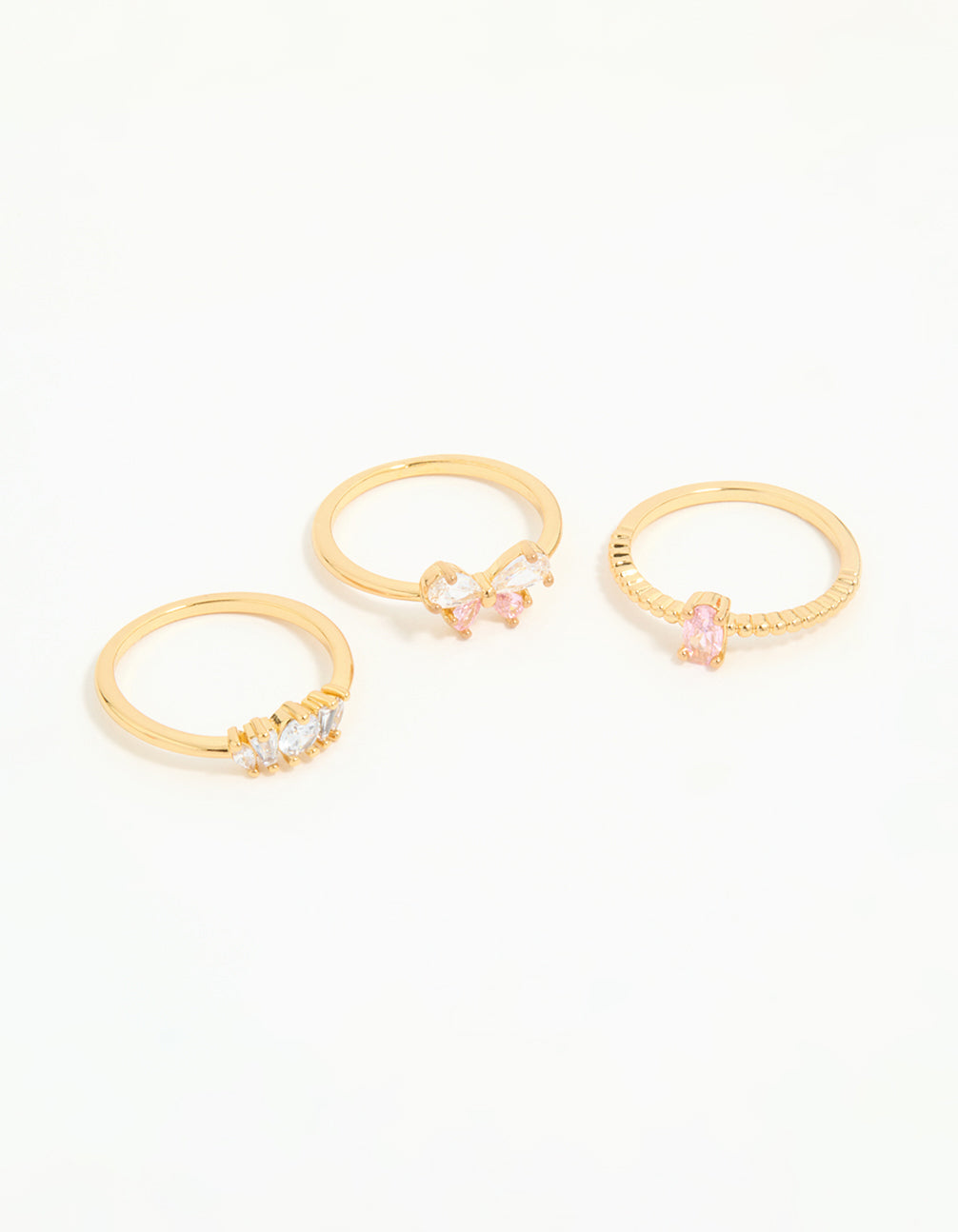 Gold Plated Pink Cubic Zirconia Bow Rings 3-Pack