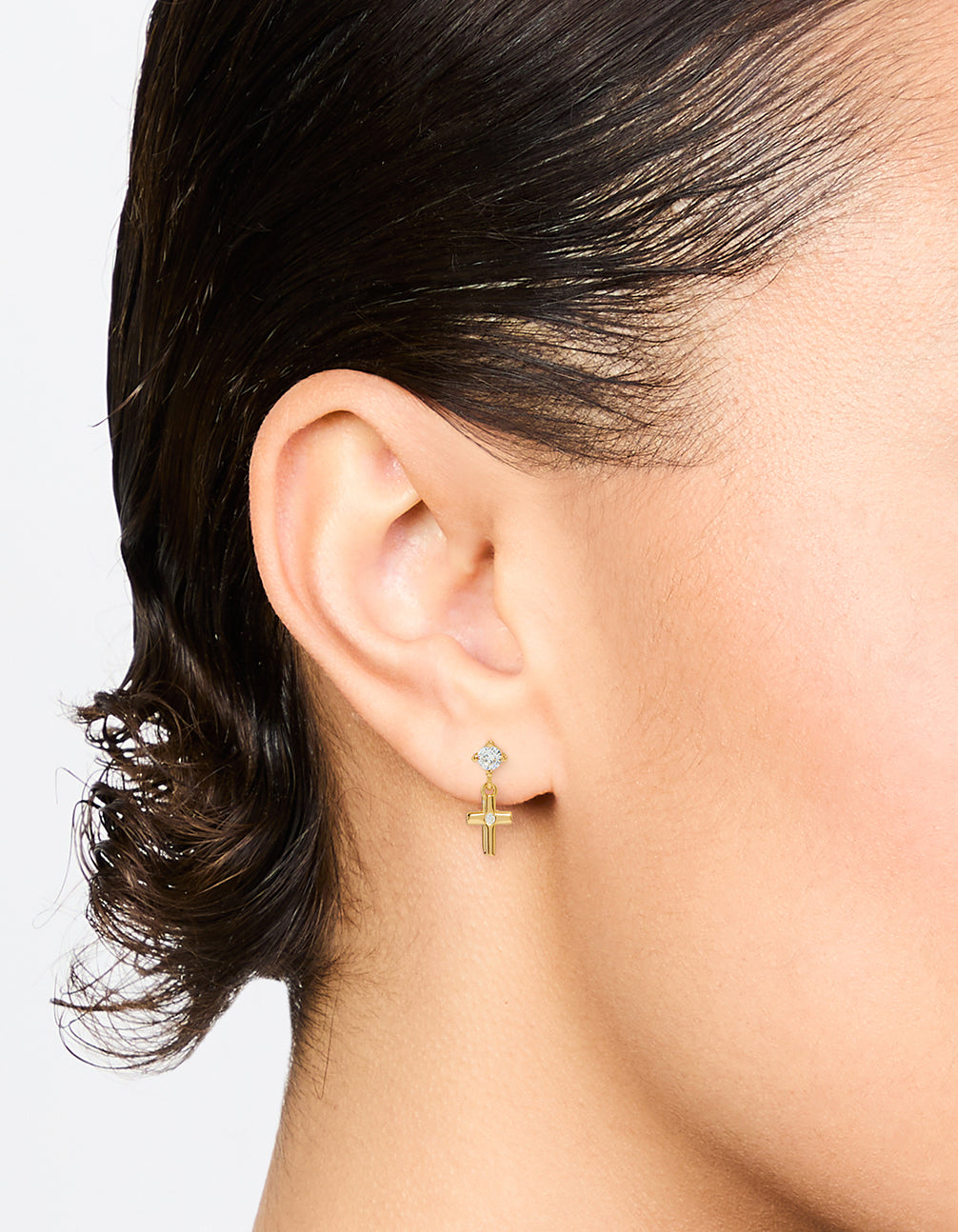 Gold Plated Sterling Silver Cubic Zirconia Cross Drop Earrings