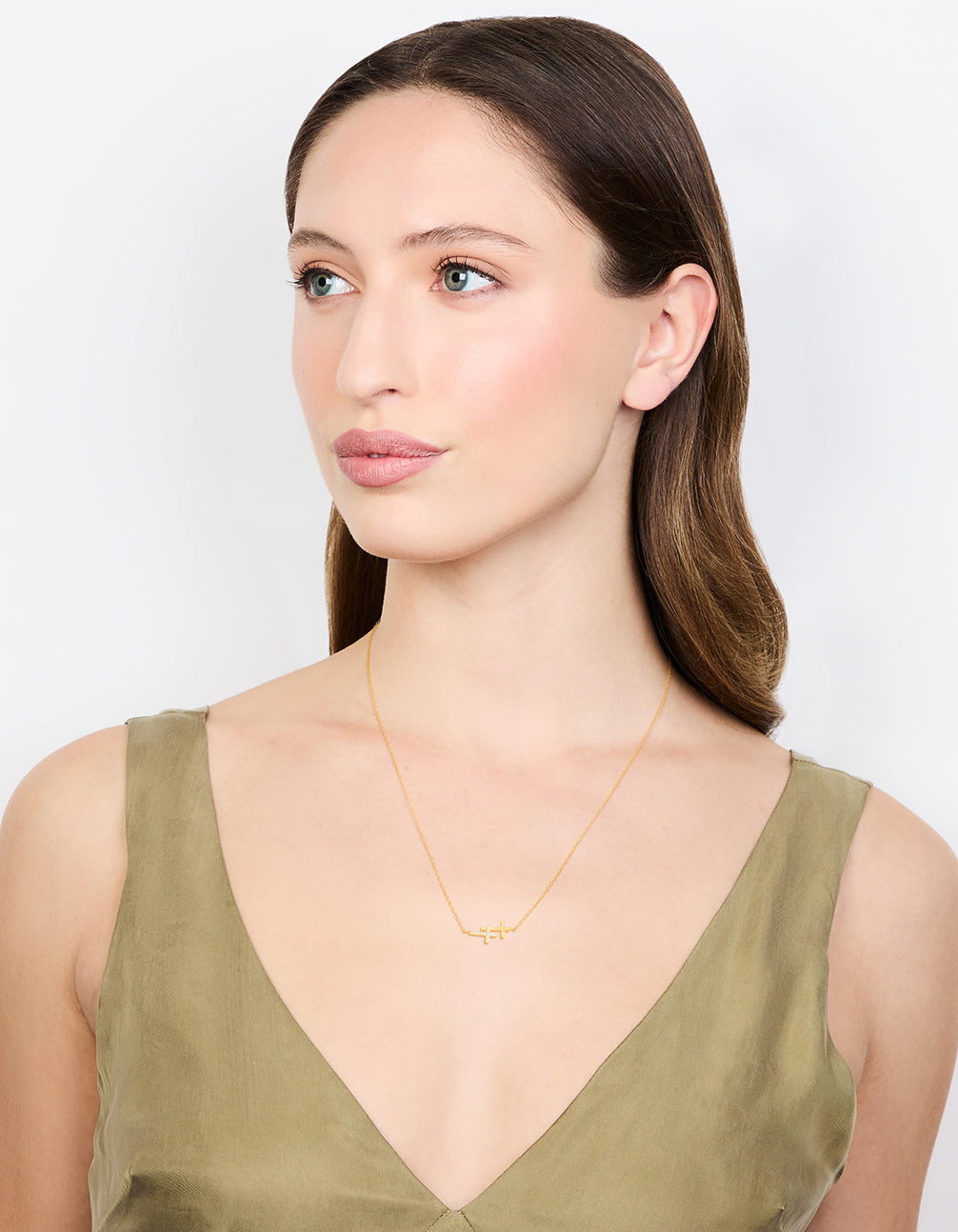 Gold Plated Sterling Silver Cubic Zirconia Double Cross Necklace