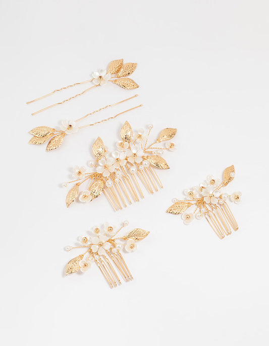 Gold Acrylic Flower Hair Combs & Hair Pins 5- Pack