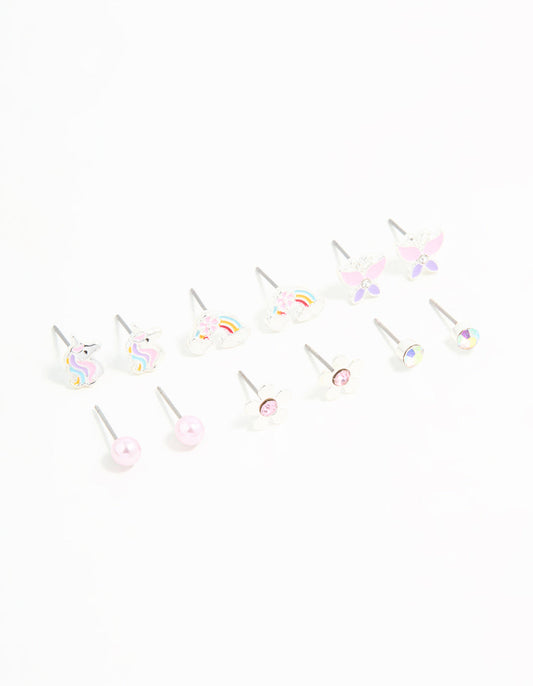 Kids Silver Unicorn & Butterfly Stud Earrings 6-Pack