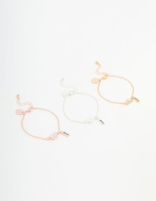Kids Mixed Metal Flower & Butterfly Best Friends Bracelets 3-Pack