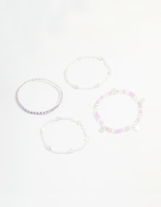 Kids Silver Heart Diamante Beaded Stretch Bracelets 4-Pack