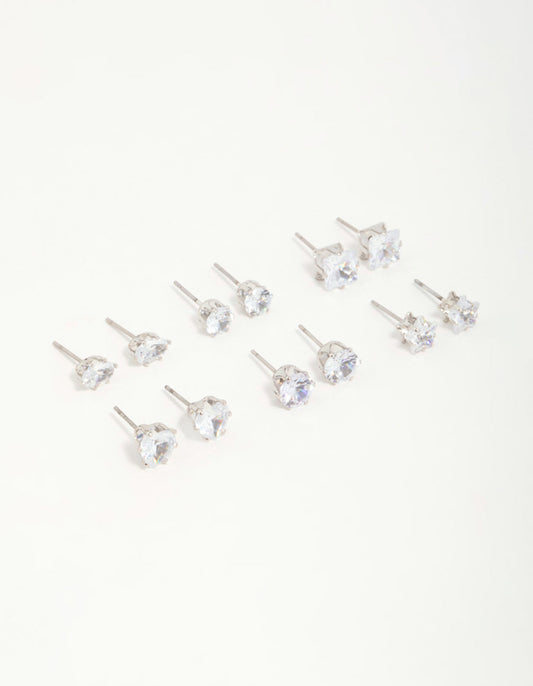 Silver Diamante Geometric Stud Earrings 6-Pack